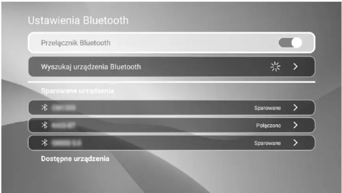 Ustawienia Bluetooth Przełącznik Bluetooth Wyszukaj urządzenia Bluetooth Sparowane urządzenia * Sparowane > * Połączono > * Sparowane > Dostępne urządzenia