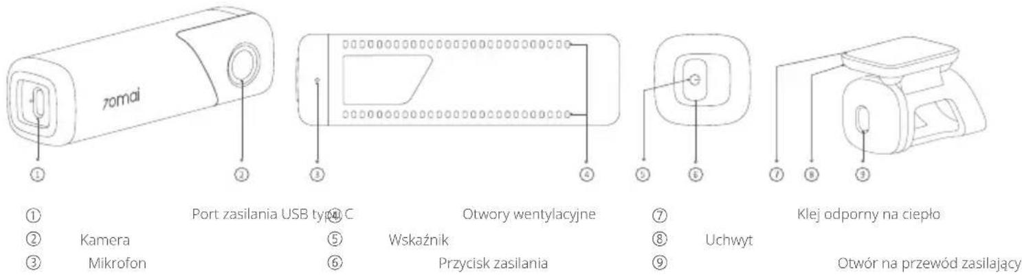 70mai ① ② ③ ④ ⑤ ⑥ Port zasilania USB typ C Otwory wentylacyjne Wskaznik Przycisk zasilania Uchwyt ⑦ ⑧ ⑨ ⑪ ⑫ ⑬ ⑭ ⑮ ⑯ Klej odporny na ciepło Otwór na przewód zasilający