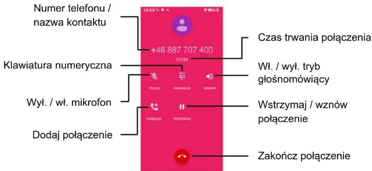 Numer telefonu / nazwa kontaktu Klawiatura numeryczna Wył. / wt. mikrofon Dodaj połączenie +48 887 707 400 00:04 Czas trwania połączenia Wł. / wył. tryb głośnomówiący Wstrzymaj / wznów połączenie Zakończ połączenie