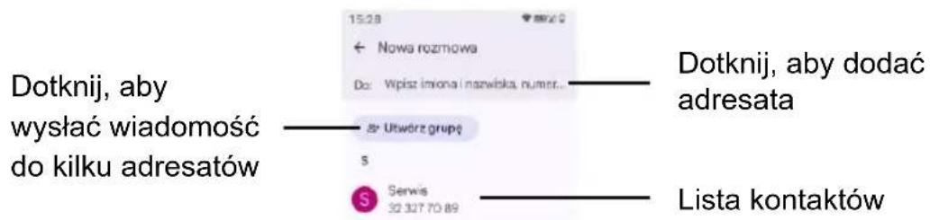 Dotknij, aby wysłać wiadomość do kilku adresatów 15:28 Nowa rozmowa Do: Wpiaz imiona i nazwiska, numet... Utwóre grupę S Serwis 32 327 70 89 Dotknij, aby dodać adresata Lista kontaktów