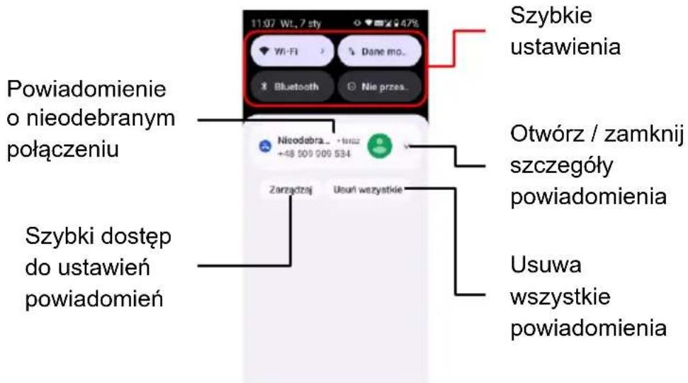 11:07 Wt. 7 sty Szybkie ustawienia Powiadomienie o nieodebranym połączeniu Otwórz / zamknij szczegóły powiadomienia Szybki dostęp do ustawień powiadomień Niezodzaj Usuń wszystkie Usuwa wszystkie powiadomienia