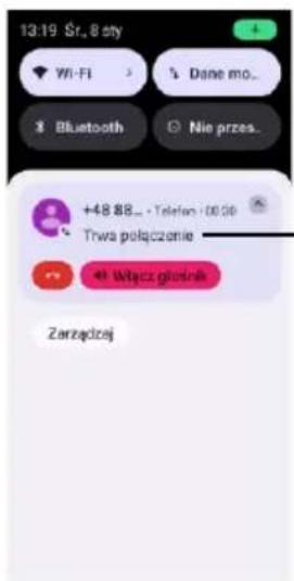 13:19 Sr., 8 sty Wi-Fi > Done mo.. Bluetooth Nie przes.. +48 88_ - Telefon - 00 50 Trwa połączenie Węczkiąścia Zarządzej