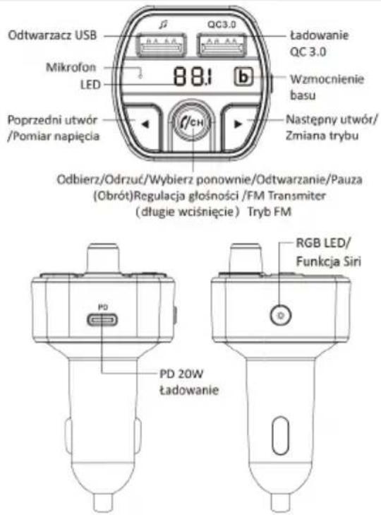Odtwarzacz USB Mikrofon LED Poprzedni utwór /Pomiar napięcia QC3.0 88:1 b tadowanie QC 3.0 Wzmocnienie basu Następny utwór/ Zmiana trybu Odbierz/Odrzuć/Wybierz ponownie/Odtwarzanie/Pauza (Obrót)Regulacja głośności /FM Transmitter (długie wciśnięcie) Tryb FM RGB LED/ Funkcja Siri PD PD 20W tadowanie