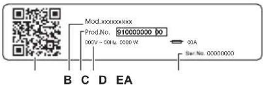 Mod.xxxxxxxxxx Prod.No. 910000000 00 000V ~ 50Hz 0000 W COA Ser.No. 00000000 B C D EA