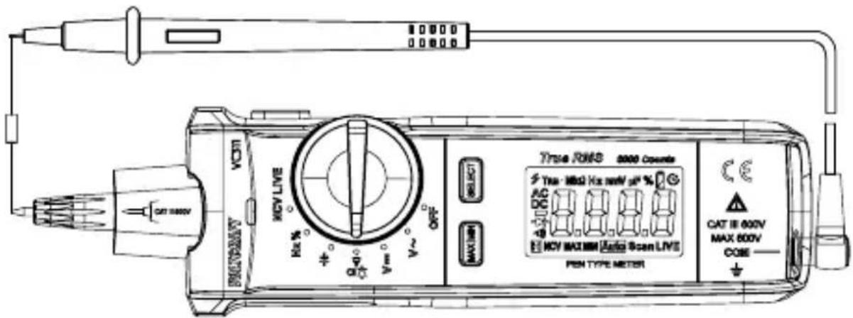 VCM MCV LIVE HCV MAX OFF 30Hz RMS 8000 Opicate 7 Tres: 100Ω Hz mmV sp % AC DC ON + - MCV MAXIM Auto Scan LIVS PEN TYPE METER CAT IE 600V MAX 600V CODE + - CAT 500V