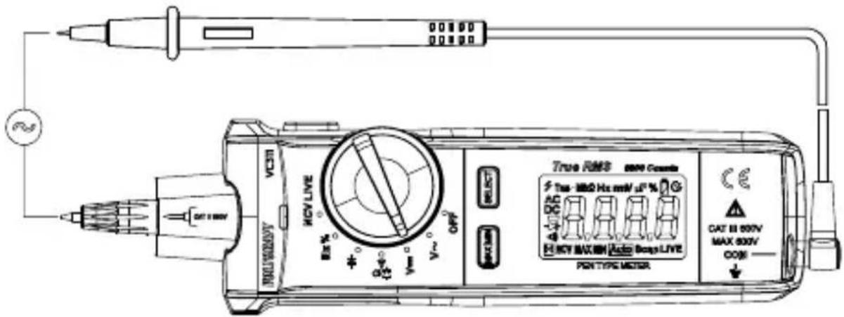 HCV/LIVE VCCB HCV/LIVE True RMS 800V Range 5 Tcs-1800 Hz min/μF % AC DC HCV MAX 800V Auto Boaps LIVE PEN TYPE METER CAT II 800V MAX 800V CODE