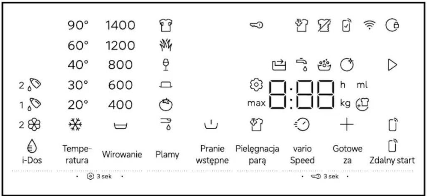 90° 1400 60° 1200 40° 800 2 ° 30° 600 1 ° 20° 400 2 ° i-Dos Tempe- ratura Wirowanie Plamy Pranie wstępne Pielęgnacja vario Gotowe Zdalny start 3 sek 3 sek