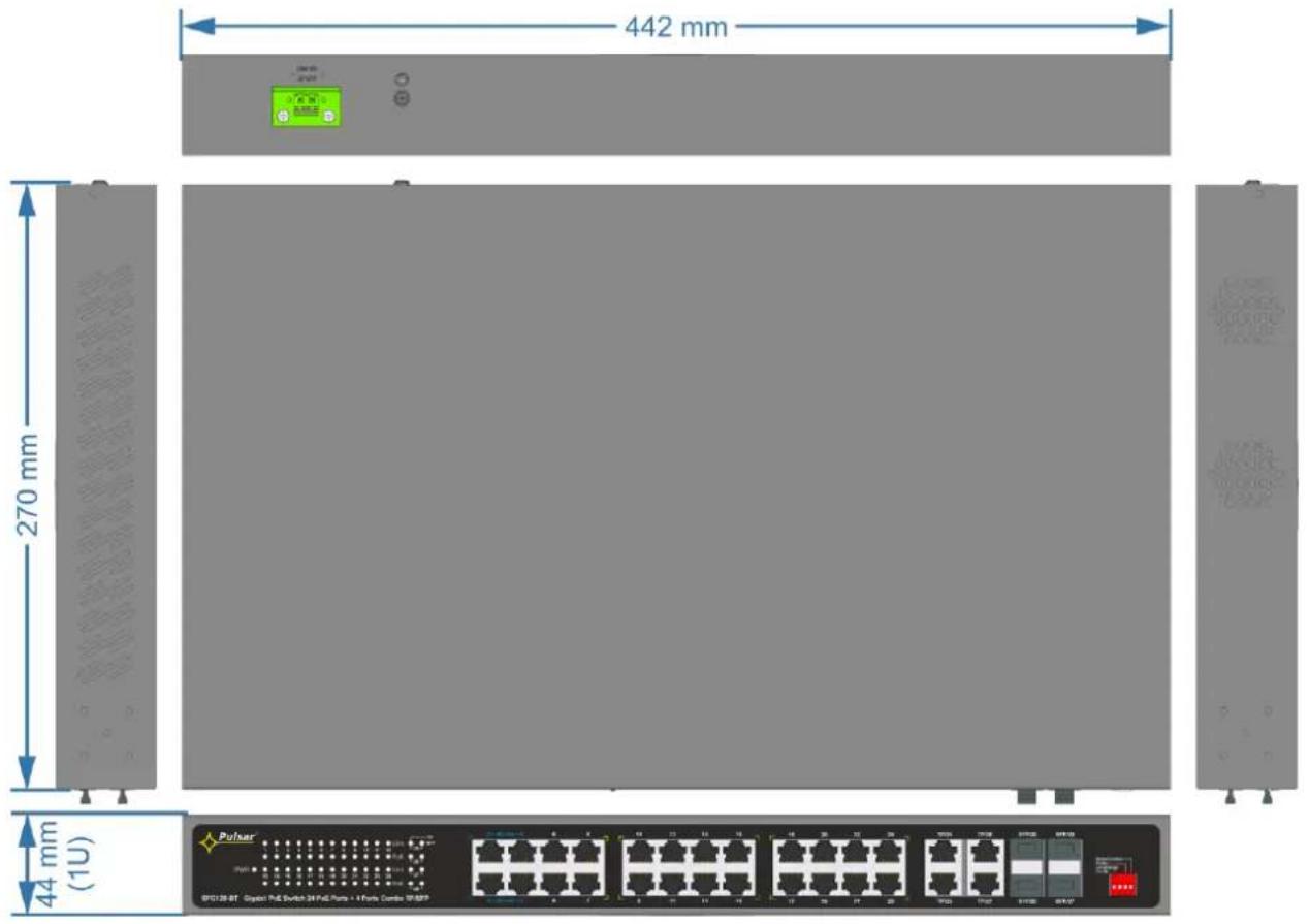 442 mm 270 mm 44 mm (1U) Polar SPX138-BT Chipset PbE Switch 24 PdE Ports + 4 Parts Condn 5V/8EP