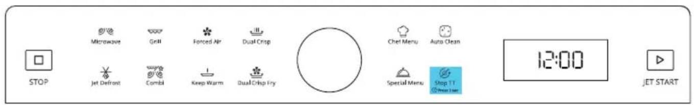 STOP Microwave Grill Forced Air Dual Crisp Jet Defront Combl Keep Warm Dual-Crap Fry Chef Menu Auto Clean Special Menu Stop TT Show Use 12:00 JET START