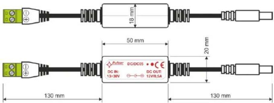 18 mm 50 mm 20 mm 130 mm 130 mm DC IN: 13-30V DC OUT: 12V/0.5A Pulsar DC/DC05