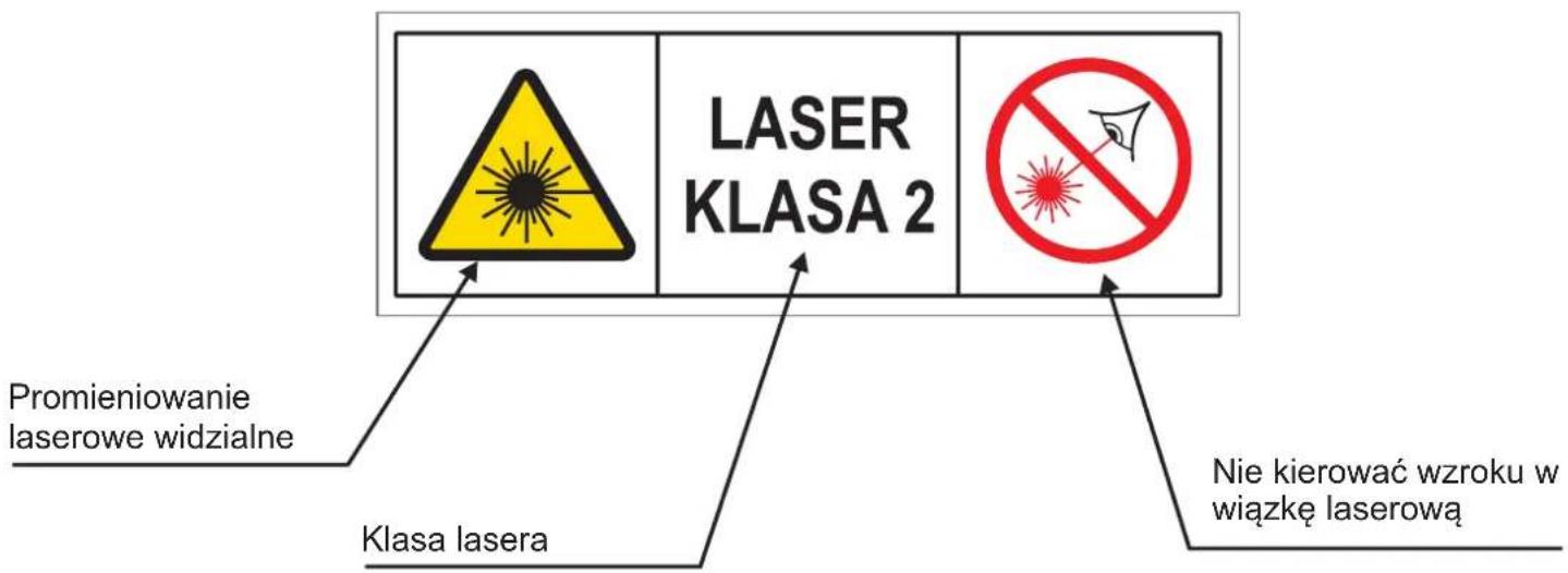 LASER KLASA 2 Promieniowanie laserowe widzialne Klasa lasera Nie kierować wzroku w wiązkę laserową