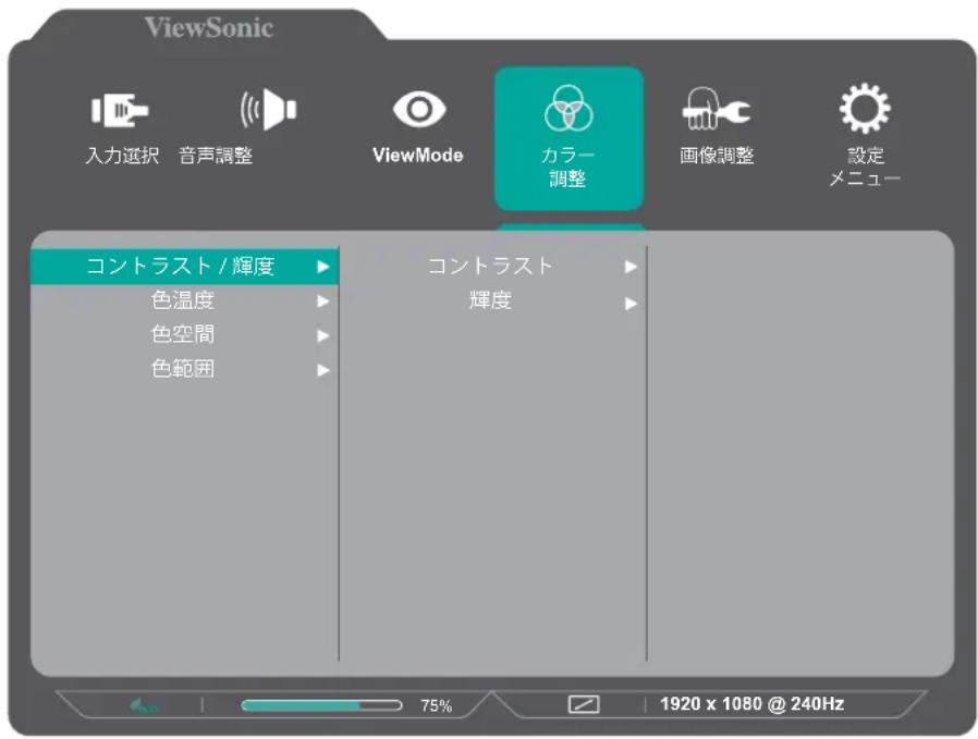 ViewSonic 入力遮択 音声調整 ViewMode カラー調整 画像調整 設定メニュー コントラスト / 輝度 コントラスト 色温度 輝度 色空間 色範囲 75% 1920 x 1080 @ 240Hz