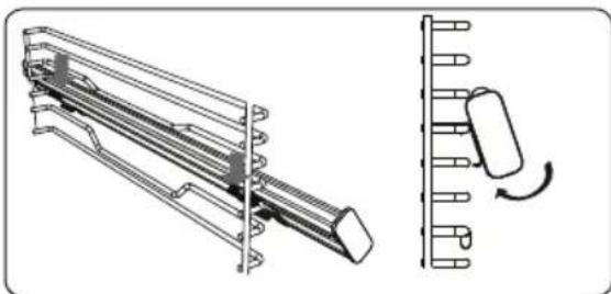 Technical line drawing of a mechanical assembly with a side-view inset showing a rotating component (no text or symbols)