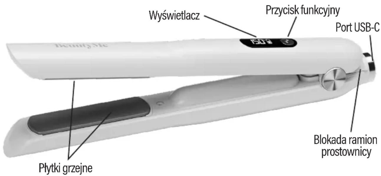 Wyświetlacz Przycisk funkcyjny Port USB-C Płytki grzejne Blokada ramion prostownicy