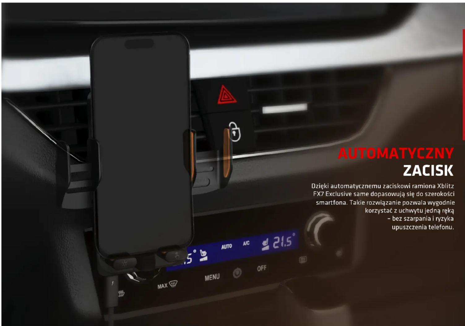 AUTOMATYCZNY ZACISK Dzięki automatycznemu zaciskowi ramiona Xblitz FX7 Exclusive same dopasowują się do szerokości smartfona. Takie rozwiązanie pozwala wygodnie korzystać z uchwytu jedną ręką - bez szarpania i ryzyka upuszczenia telefonu.