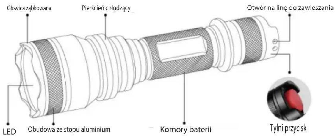 Głowica ząbkowana Pierścień chłodzący Otwór na linę do zawieszania LED Obudowa ze stopu aluminium Komory baterii Tylni przycisk