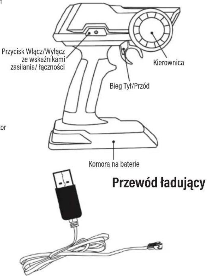 Przycisk Włącz/Wyłącz ze wskaźnikami zasilania/ łączności Kierownica Bieg Tyl/Przód Komora na baterie Przewód ładujący