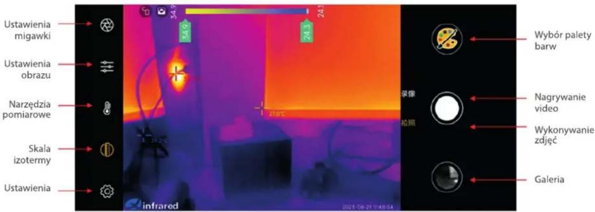 Ustawienia migawki Ustawienia obrazu Narzędzia pomiarowe Skala izotermy Ustawienia infrared 24.5 24.6 27.0°C 录像 拍照 Wybór palety barw Nagrywanie video Wykonywanie zdjęć Galeria