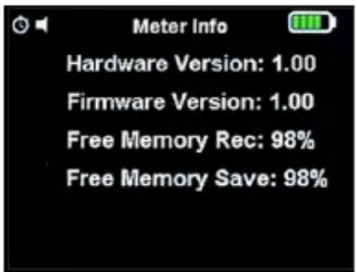 Meter Info Hardware Version: 1.00 Firmware Version: 1.00 Free Memory Rec: 98% Free Memory Save: 98%