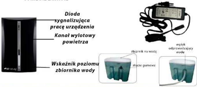 Dioda sygnalizująca pracę urządzenia Kanał wylotowy powietrza Wskaźnik poziomu zbiornika wody zbiornik na wodę złącze gumowe wężyk odpowiedzający wode