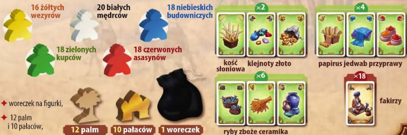16 żółtych wezyrów 20 białych Debtców 18 niebieskich budowniczych 18 zielonych kupców 18 czerwonych asasynów ×2 ×4 kość słoniowa klejnoty złoto papirus jedwab przyprawy ×6 ×18 fakirzy ◆ woreczek na figurki, ◆ 12 palm i 10 pałaców, 12 palm 10 pałaców 1 woreczek ryby zboże ceramika