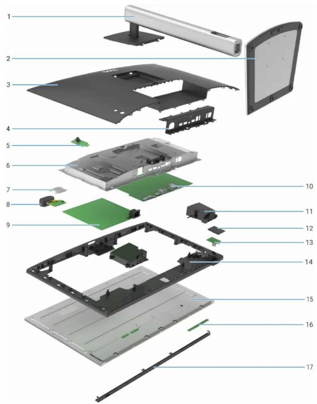 Exploded view diagram of a laptop with numbered parts for identification