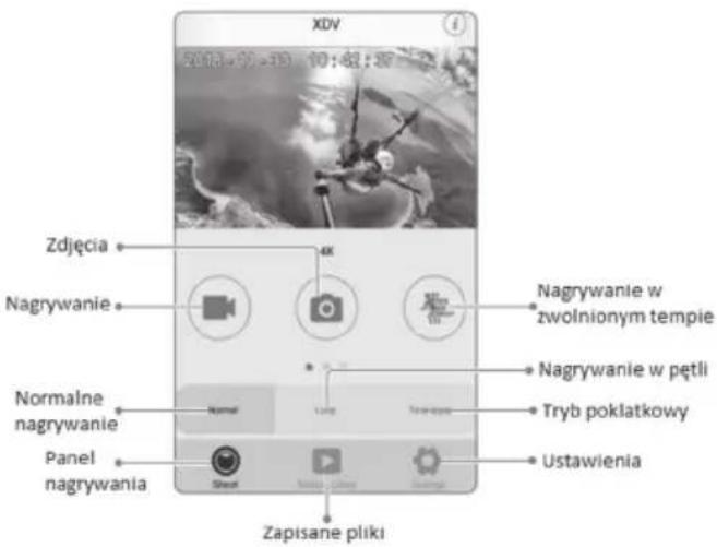 XDV 2018-06-19 10:42:27 Zdjęcia 4K Nagrywanie Nagrywanie w zwolnionym tempie Normalne nagrywanie Normal Tawawania Tryb poklatkowy Panel nagrywania Ustawienia Zapisane pliki