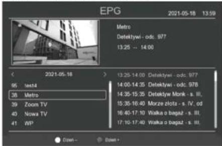 EPG 2021-05-18 13:59 Metro Detektywi - odc. 977 13:25 -- 14:00 < 2021-05-18 > 95 Test4 36 Metro 39 Zoom TV 40 Nowa TV 41 WP 13:25-14:00 Detektywi - odc. 977 14:00-14:35 Detektywi - odc. 978 14:35-15:35 Detektyw Monk - s. III, 15:35-16:40 Morze zlota - s. IV, od 16:40-17:10 Wałka o bagaz - s. III, 17:10-17:40 Wałka o bagaz - s. III. Down - Down +