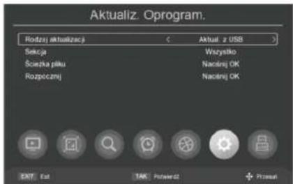 Aktualiz. Oprogram. Rodzaj aktualizacji < Aktual z USB > Sekcja Śzenyka plaku Rozpocznej Wszystko Nacotinj OK Nacotinj OK EAT Ext TAK Pichard + Przeu