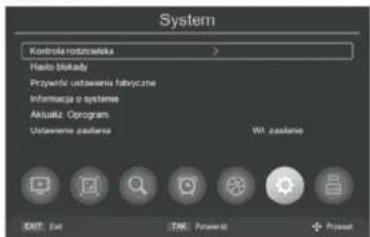 System Kontrole rodzelnika Halo blokady Przywicą ustawania fabrycze Informacja o systeme Aktualiz Oprogram Ustawania zadania Wt. zadania EXIT: Exit OK: Positive + Prompt