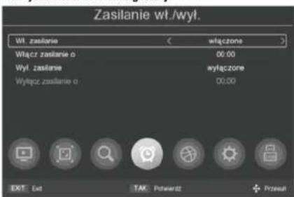Zasilanie wt./wyl. Wt. zasilanie Włącz zasilanie o Wyl. zasilanie Wytącz zasilanie o włączone 00:00 wyłączone 00:00 EXIT Ext TAK Forward + Pressur
