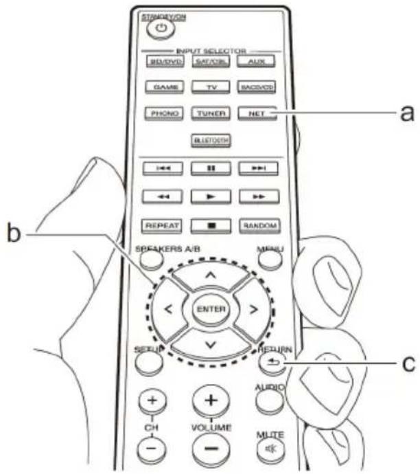 STANDAY/ON INPUT SELECTOR REDAVDI SACOSL AUX GAME TV BACOVDI PHONO TURER NET BLUDTOH a b REPEAT ■ RANDOM SPEAKERS A/B MENU ENTER SETUN RETURN AUDIO CH VOLUME MUTE c