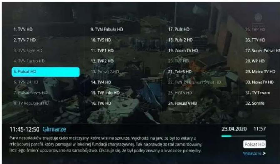 1. TVN HD 2. TVN 7 HD 3. TVN Style HD 4. TVN Turbo HD 5. Polsat HD 6. TVN 24 HD 7. Polsat News HD 8. TV Republjka HD 9. TVN Fabula HD 10. TVS HD 11. TVP1 HD 12. TVP2 HD 13. Polsat 2 HD 14. TV4 HD 15. TVP info HD 16. TV6 HD 17. Puls HD 18. Puls 2 HD 19. Zoom TV HD 20. TVK HD 21. Tele5 HD 22. TVN 24 Błnich 1 Świat HD 23. HGTV HD 24. Fokus TV HD 25. TVP HD 26. TTV HD 27. Super Polsat HD 28. WP HD 29. Metro TV HD 30. NowaTV HD 31. TV Trwam 32. Sonlife 11:45-12:50 Gliniarze Para nastolatków znajduje ciało mężczyzn, które wisi na sznurze. Wychodzi na jaw, że był to wikary z miejscowej parafii, który pomagał w lokalnej fundacji charytatywnej. Tak naprawde został zamordowany, lecz jego śmierć upozorowano na samobójstwo. Okazuje się, że był podejrzewany o kradzieże pieniedzy. 23.04.2020 11:57 Polsat HD Wydarzenia >