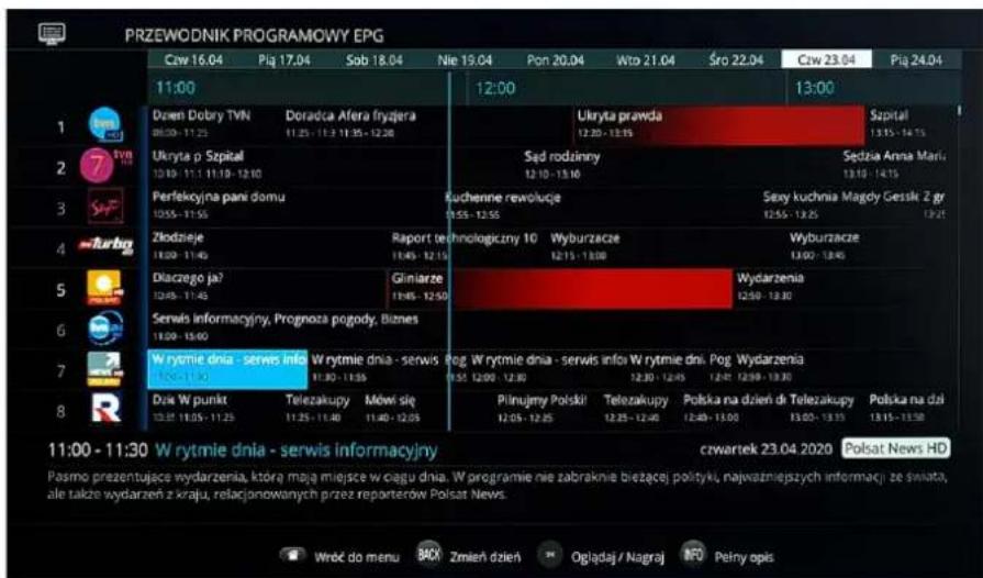 PRZEWODNIK PROGRAMOWY EPG Czw 16.04 Piaj 17.04 Sob 18.04 Nie 19.04 Pon 20.04 Wto 21.04 Sro 22.04 Czw 23.04 Pią 24.04 11:00 12:00 13:00 Dwen Dobry TVN Doradca Afera fryziera Ukryta prawda Szpital 08:00 - 11:25 11:25 - 11:3 - 11:35 - 12:30 12:30 - 13:35 Ukryta p Szpital Sęd rodzinny Sędzia Anna Mari 10:10 - 11:1 - 11:19 - 12:10 12:10 - 13:16 13:19 - 14:15 Perfekcyjna pani domu Kuchenne rewolućje Sexy kuchnia Magdy Gesski Z gr 10:55 - 11:55 10:55 - 12:55 12:55 - 13:55 13:55 - 13:25 Złodzieje Raport technologiczny 10 Wyburzacze Wyburzacze 10:00 - 11:45 11:45 - 12:15 12:15 - 13:00 13:00 - 13:45 Dlaczego ja? Giinarze Wydarzenia 10:45 - 11:45 11:45 - 12:50 12:50 - 13:30 Serwis informacyjny, Prognoza pogody, Biznes 11:00 - 13:00 W rytmie dnia - serwis info W rytmie dnia - serwis fog W rytmie dnia - serwis info W rytmie dnia. Pog Wydarzenia 10:00 - 11:45 11:30 - 11:55 12:00 - 12:30 12:30 - 12:45 12:45 - 12:99 - 13:30 Dwa W punkt Telezakupy Mówś się Pilunjmy Polski Telezakupy Polska na dzień di Telezakupy Polska na dzi 13:37- 13:38- 13:39- 13:40- 13:45- 13:46- 13:47- 13:48- 13:49- 13:50- Wroć do menu BACK Zmień dzień Ogiądaj / Nagraj INFO Pełny opis 11:00 - 11:30 W rytmie dnia - serwis informacyjny czwartek 23.04.2020 Polsat News HD Pasmo prezentujące wydarzenia, którą mają miejsce w ciągu dnia. W programie nie zabraknie bieżącej polityki, najwazniejszych informacji ze świata, ale także wydarzeń z kraju, relacjonowanych przez reporterów Polsat News.