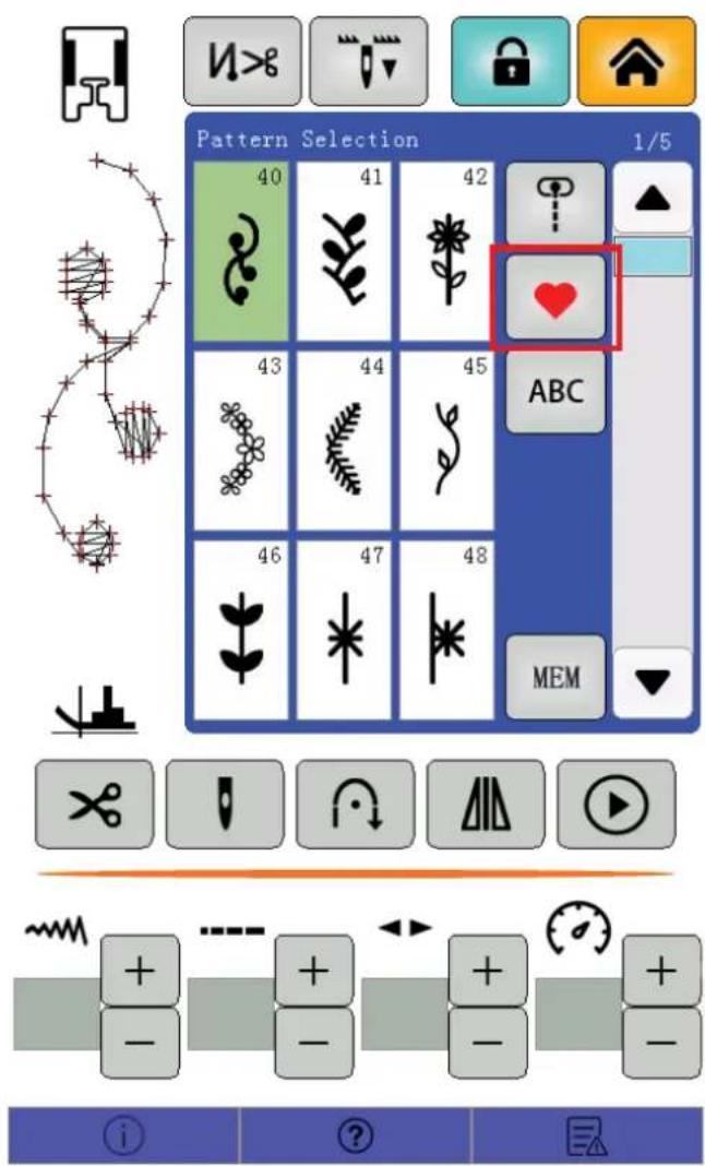 Pattern Selection 1/5 40 41 42 ♥ ABC 43 44 45 46 47 48 MEM i ?