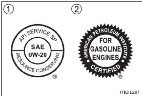 ① API SERVICE SP SAE 0W-20 RESOURCE CONSERVING ② AMERICAN PETROLEUM INSTITUTE FOR GASOLINE ENGINES CERTIFIED ITIOIL207