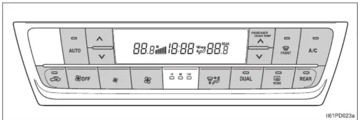 AUTO 88.8 °C 18:00 °C REAR PASSENGER FREAR TEMP AVG FRONT A/C OFF H M I20 DUAL REAR REAR II61PD023a
