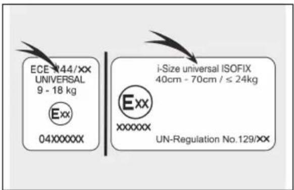 ECE-44/XX UNIVERSAL 9 - 18 kg Exx 04XXXXXX i-Size universal ISOFIX 40cm - 70cm / ≤ 24kg Exx xxxxxx UN-Regulation No.129/XX
