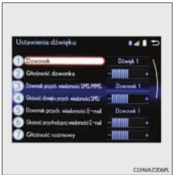 Ustawienia dźwięku 1 Dzwonek 2 Głośność dzwonka 3 Dzwonek przych. wiadomości SMS/MMS 4 Głośność dźwięku przych. wiadomości SMS/ 5 Dzwonek przych. wiadomości E-mail 6 Głośność przychodzącej wiadomości E-mail 7 Głośność rozmowy Dźwięk 1 Dzwonek 1 Dzwonek 1 + + + +