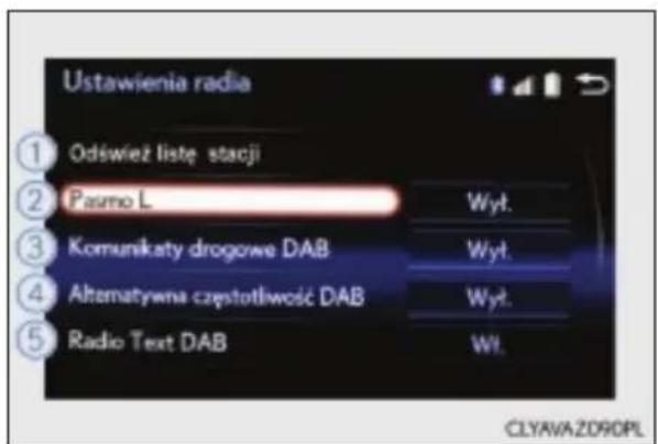 Ustawienia radia ① Odśwież listę stacji ② Pasmo L Wyt. ③ Komunikaty drogowe DAB Wyt. ④ Alternatywna częstotliwość DAB Wyt. ⑤ Radio Text DAB Wt. CLYAVAZD90PL