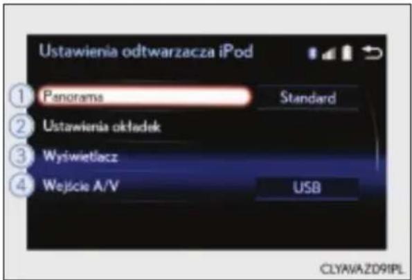 Ustawienia odtwarzacza iPod ① Panorama Standard ② Ustawienia okładek ③ Wyświetlacz ④ Wejście A/V USB CLYAVA ZD91PL