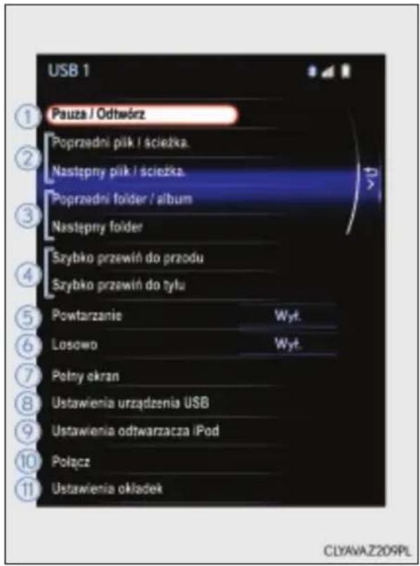 USB 1 ① Pauza / Odtwórz Poprzedni plik / scieżka. Następny plik / scieżka. Poprzedni folder / album Następny folder Szybko przewin do przodu Szybko przewin do tyłu Powtarzanie Wyt. Losowo Wyt. Polny okran Ustawienia urządzenia USB Ustawienia odtwarzacza iPod Połącz Ustawienia okładek CLYAVA.Z209PL