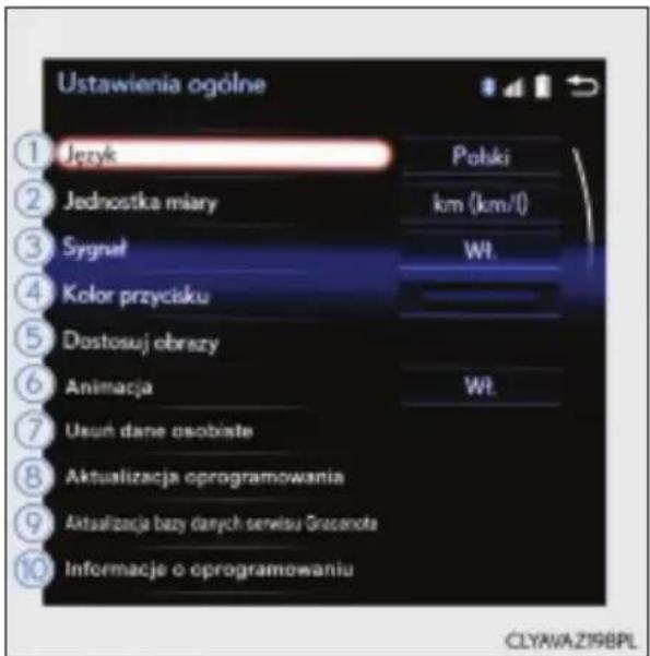 Ustawienia ogólne ① Język Polski ② Jednostka miary km (km/l) ③ Sygnał Wt. ④ Kolor przycisku Dostosuj obrazy Animacja Wt. ⑦ Usuń dane osobiste Aktualizacja oprogramowania ⑧ Aktualizacja bazy danych servisu Grazenote ⑨ Informacje o oprogramowaniu CLYAVA Z198PL