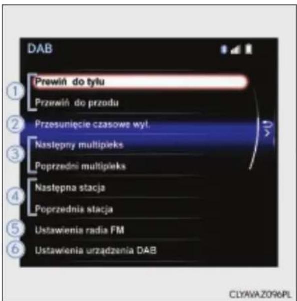 DAB Prewiń do tyłu Przewiń do przodu Przesunięcie czasowe wyt. Następny multipleks Poprzedni multipleks Następna stacja Poprzednia stacja Ustawienia radia FM Ustawienia urządzenia DAB CLYAWAZ096PL