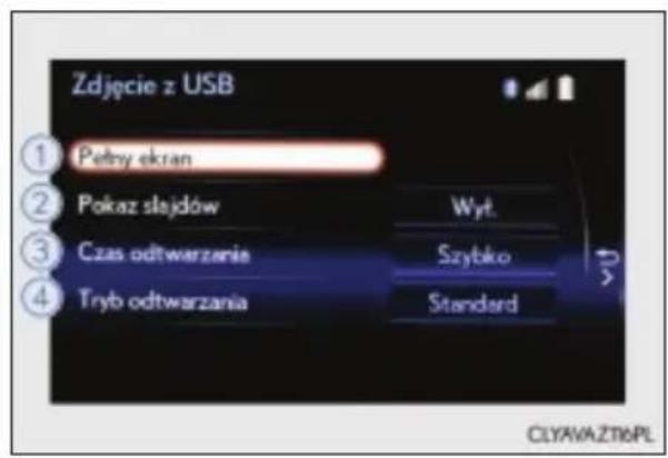 Zdjęcie z USB ① Petny ekran ② Pokaz słajdów Wyt. ③ Czas odtwarzania Szybko ④ Tryb odtwarzania Standard CLYAVAZT6PL