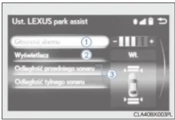 Ust. LEXUS park assist Głcursnić alarmu Wytwietlacz Odlęgłość przedniego sonaru Odlęgłość tylnego sonaru Wt. CLA40BX003PL
