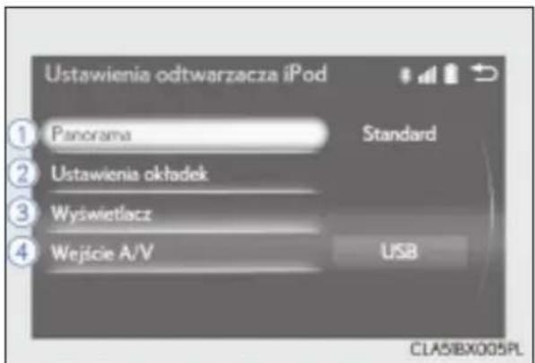 Ustawienia odtwarzacza iPod ① Panorama Standard ② Ustawienia okładek ③ Wyświetlacz ④ Wejście A/V USB CLASIBX005PL