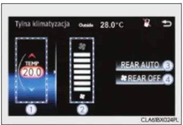 Tylna klimatyzacja Outside 28.0°C TEMP 20.0 1 2 REAR AUTO ③ * REAR OFF ④ CLA6/BX024PL