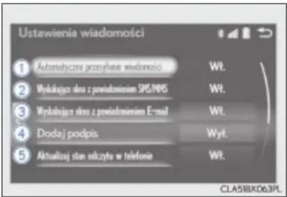Ustawienia wiadomości 1 Autosytyczne przysłenie wiadomości 2 Wyrkazyczy dno z powiadowaniem SMS/PPS 3 Wyrkazyczy dno z powiadowaniem E-mail 4 Dodaj podpis 5 Aktualizaj stan odczytu w telefonie Wt. Wt. Wt. Wt. Wt. CLA51BX063PL.