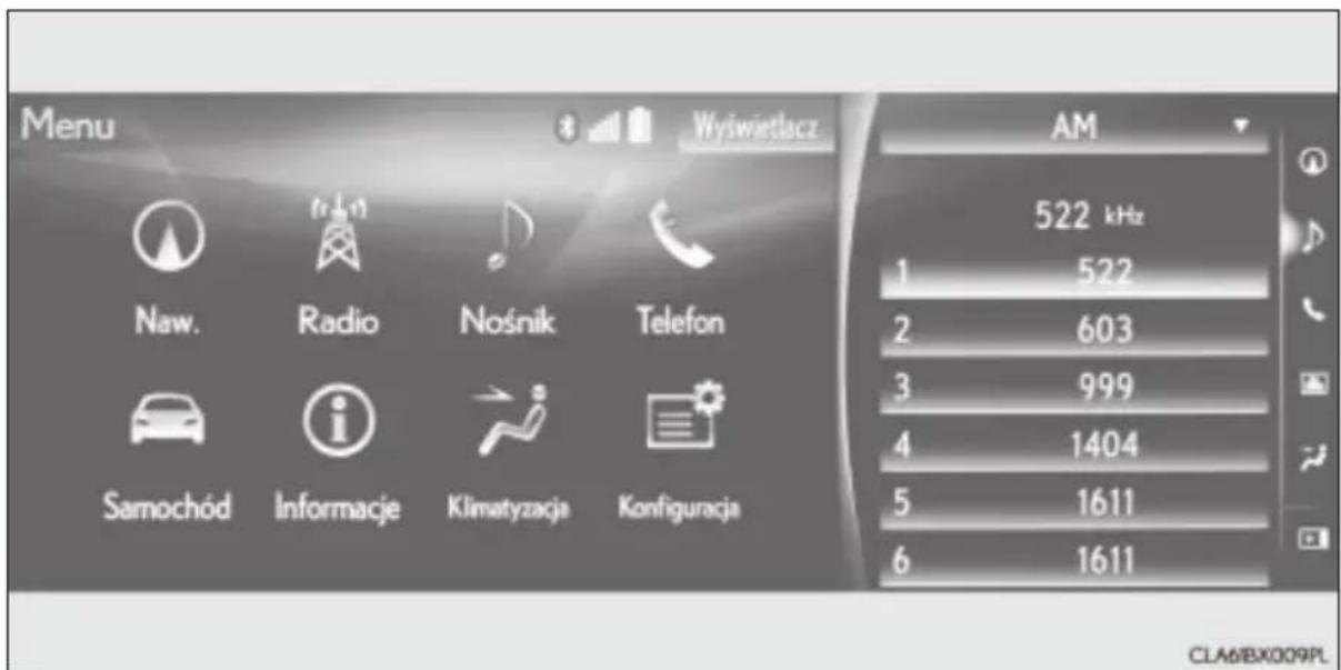 Menu Wyświetlacz Naw. Radio Nośnik Telefon Samochód Informacje Klimatyzacja Konfiguracja AM 522 kHz 1 522 2 603 3 999 4 1404 5 1611 6 1611 CLA6/BX009PL